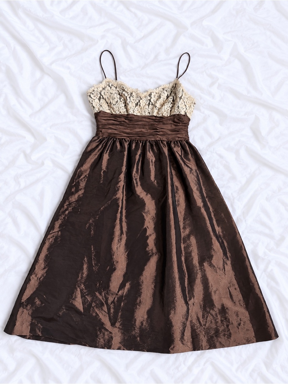 Anne Klein Cream Lace Bodice Brown Satin A-Line Dress